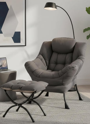 Contemporary Dark Grey Accent Chair and Ottoman Set with Folding Footstool and Armrest Design for Living Room, Bedroom, and Office