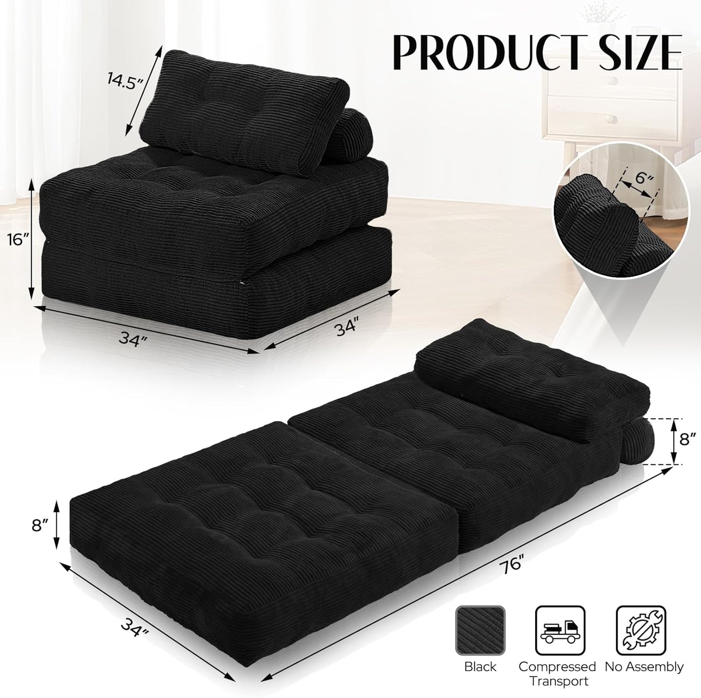 Folding Sofa Bed, Convertible Sleeper Chair Bed W/Dual-Pillow & Handle, Foldable Floor Sofa Lounge W/Back Support for Living Room, Bedroom, Apartment, Office, Single, Black