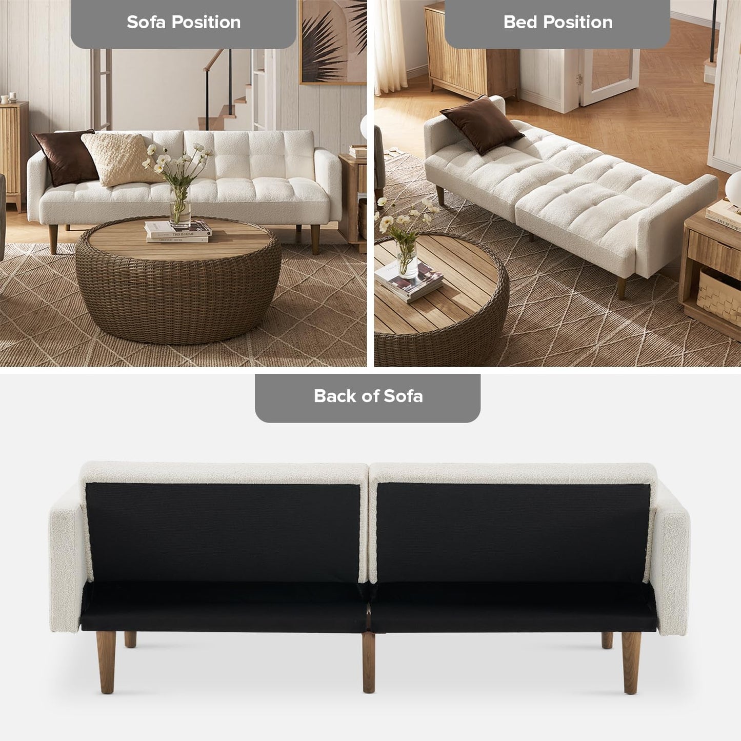 76.4" Futon Sofa Bed, Couch, Loveseat, Sleeper Sofa, Mid Century Modern Futon Couch, Sofa Cama, Couches for Living Room (Aaron, Pearl White Boucle)