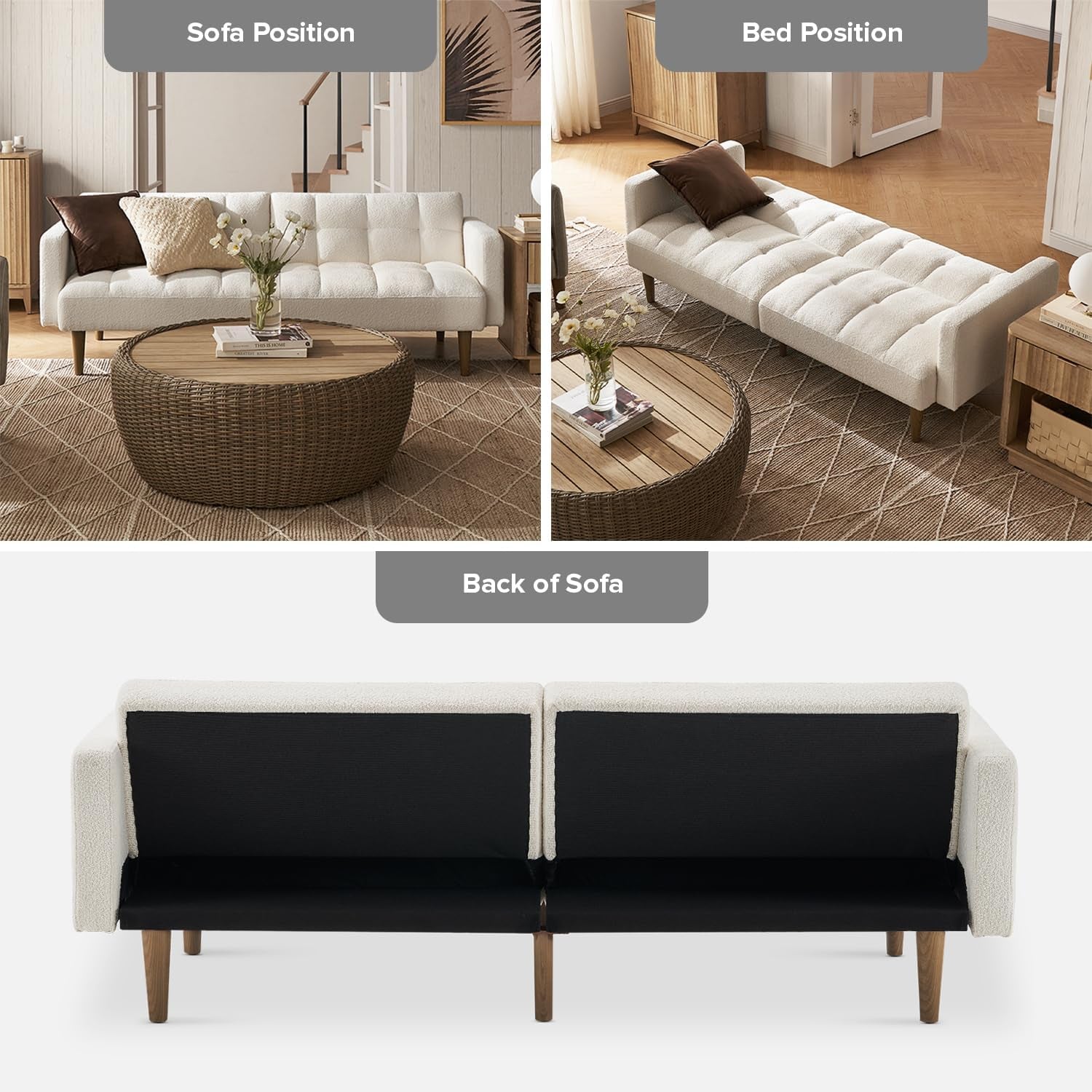 76.4" Futon Sofa Bed, Couch, Loveseat, Sleeper Sofa, Mid Century Modern Futon Couch, Sofa Cama, Couches for Living Room (Aaron, Pearl White Boucle)