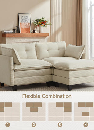Modular L-Shaped Corduroy Sectional Sofa, 76.5" 2-Seater with Movable Ottoman, Modern Deep Seat Couch for Living Room (Beige)