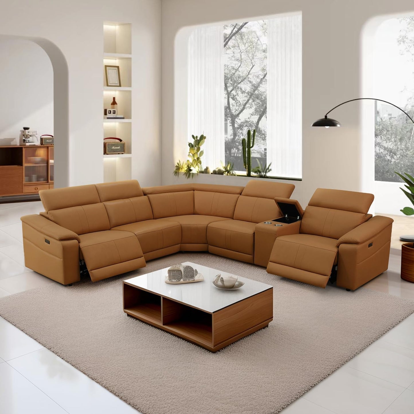 Power Recliner Sectional Sofa, L-Shaped Living Room Furniture Set, Light Brown Leather Sofa, Reclining Sectional Couch with Storage Console/Cup Holder for Living Room/House/Apt