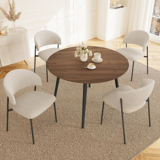 43.3 Inch round Dining Table Set for 4, Modern Small Kitchen Coffee Set for Dining Room Kitchen Apartment (Walnut Table + 4 White Shell Chairs)