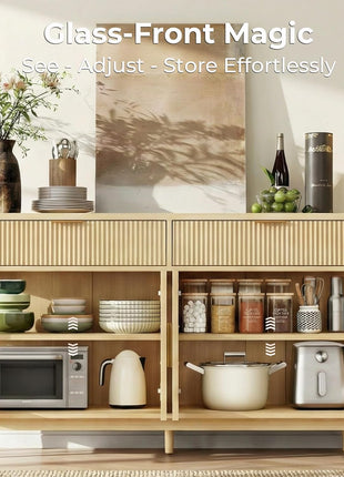 59-Inch Modern Sideboard Buffet Cabinet with Drawers, Adjustable Shelves, and Tempered Glass Doors - Oak Wood Coffee Bar for Kitchen and Living Room