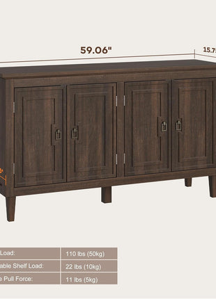 60" Mid-Century Solid Wood Sideboard Cabinet with 4 Doors - Versatile Storage Buffet and Coffee Station for Dining and Living Rooms
