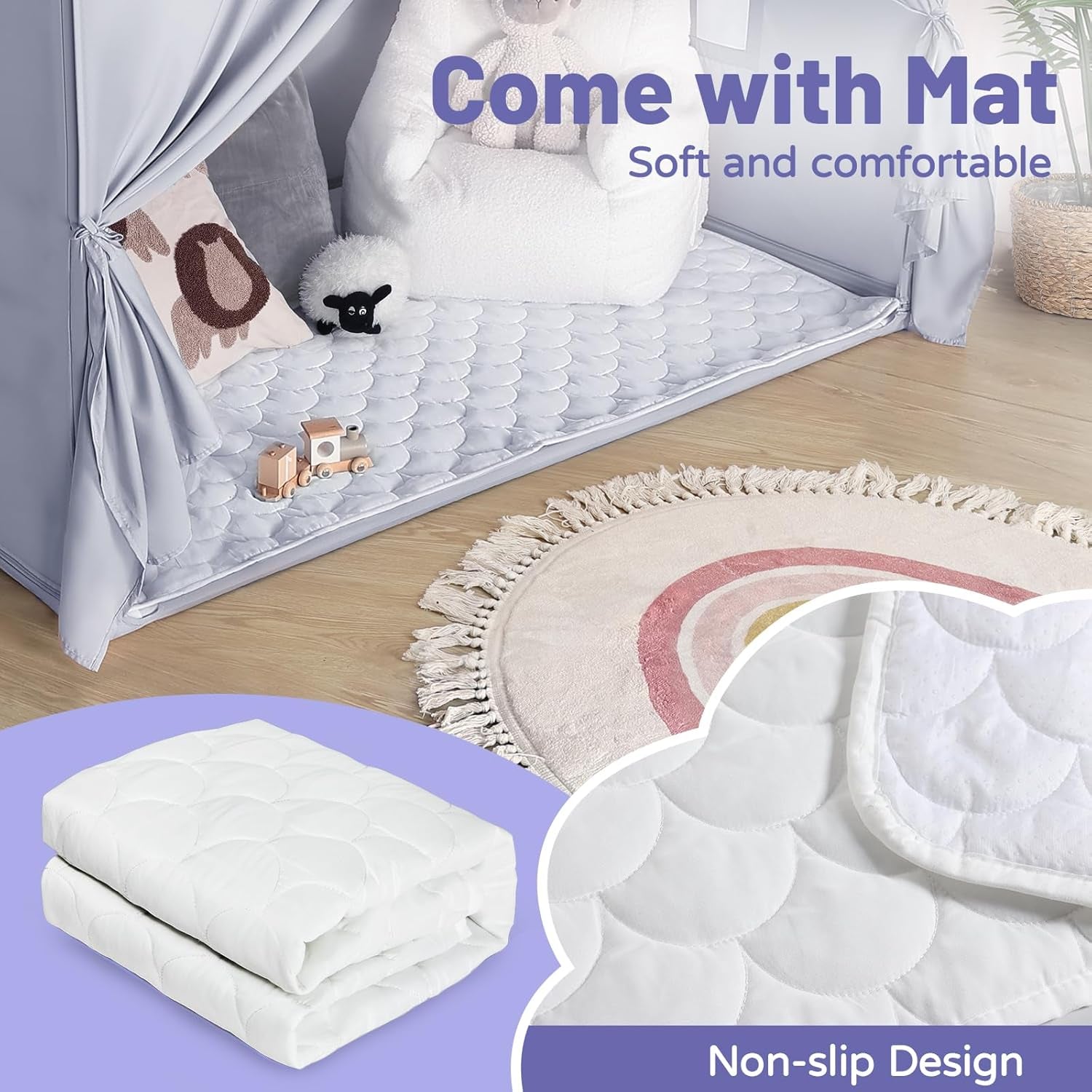 Kids Play Tent Indoor - with Mat, Star Lights - Large Toddler Tents Playhouse for Girls Boys, Bed Tent for Bedroom inside Birthday Gifts Toys(Gray)