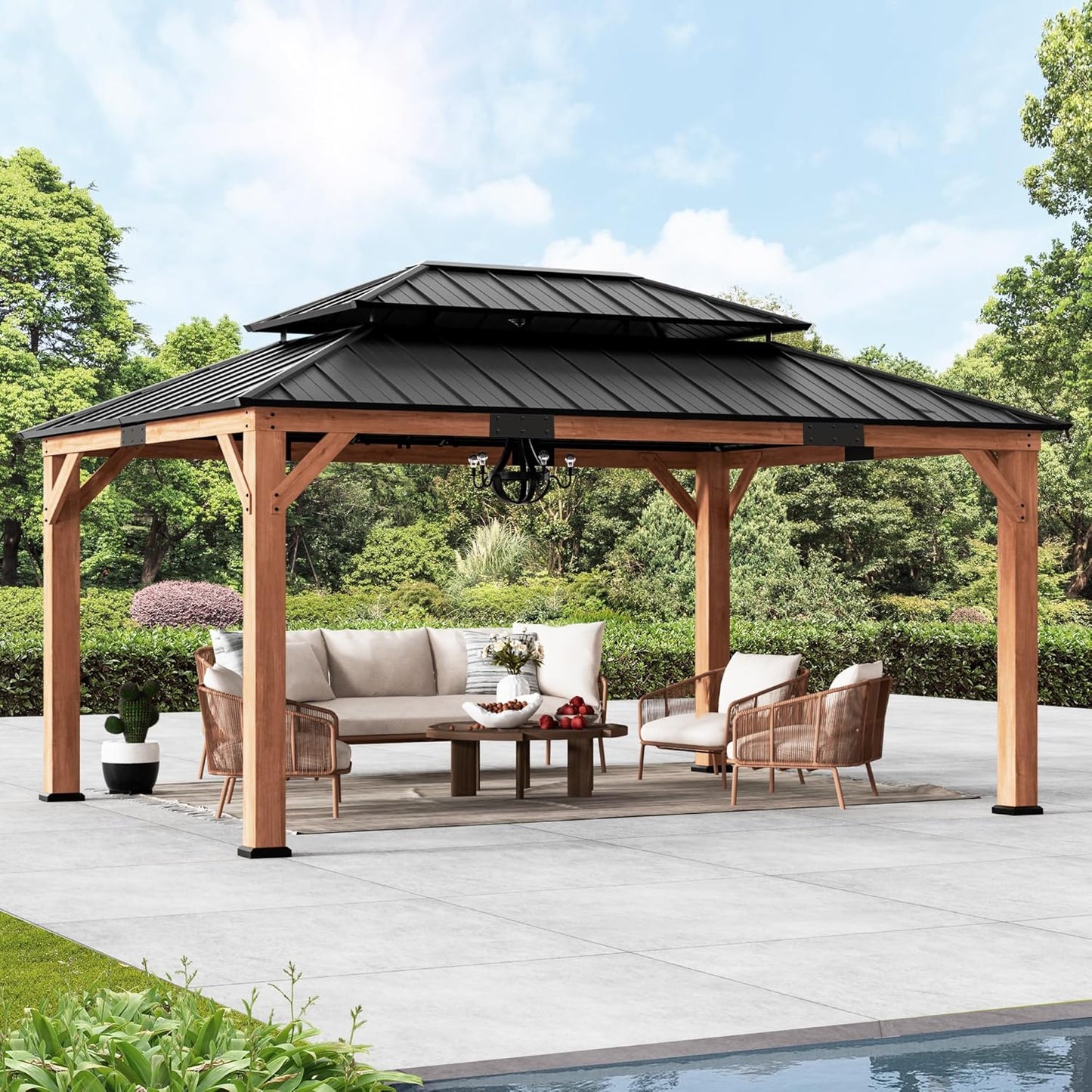 Modern Shade Rosewood Wood Gazebo 12' X 16', Cedar Framed Grill Gazebo with Double Galvanized Steel Roof, Permanent Hardtop Pavilion with Sturdy Hooks for Garden, Backyard, Patio, and Deck