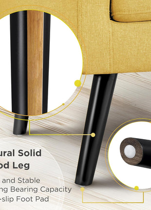 Set of 2 Mid-Century Modern Upholstered Accent Chairs with Button Tufted Back and Wooden Legs for Living Room, Bedroom, Office, or Cafe - Yellow