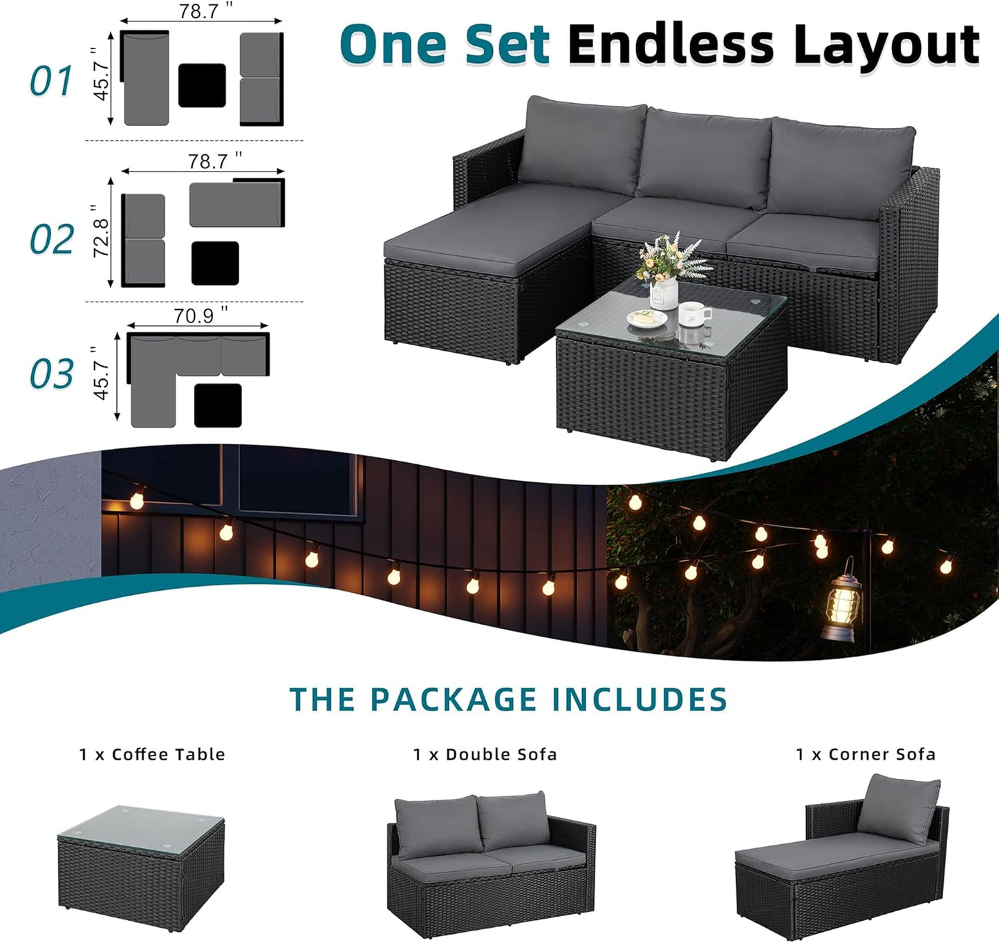 3-Piece Patio Sectional Sofa, Patio Furniture Set with Detachable Soft Cushions, Outdoor PE Rattan Patio Conversation Sofa Set with Glass Coffee Table & Ottoman, Black Rattan/Grey