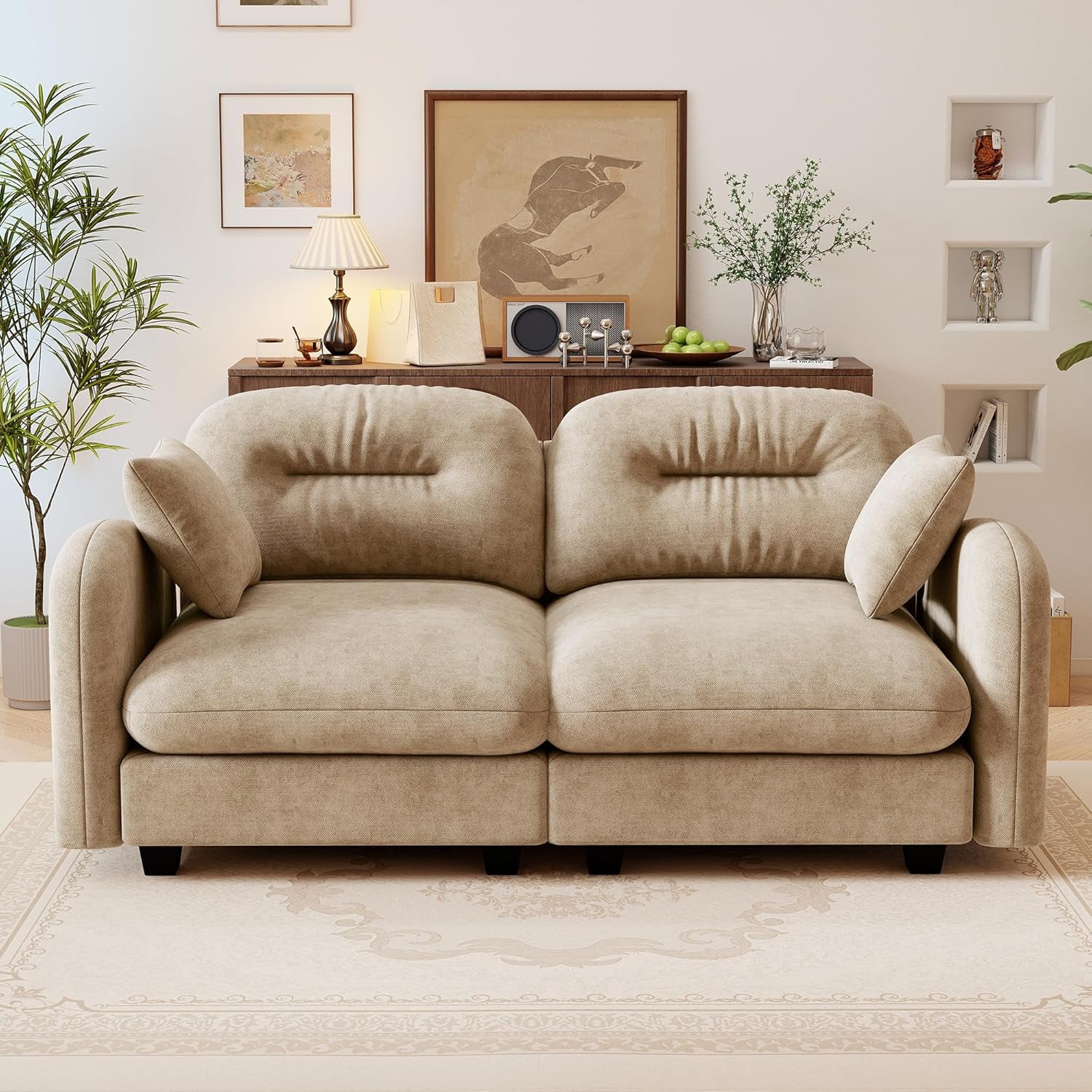 74" Loveseat for Living Room, Comfy Chenille Fabric Cloud Sectional Couch, Modern Upholstered Deep Seat Sofa with Armrest Pillow, Two Seater Couch for Small Spaces, Camel