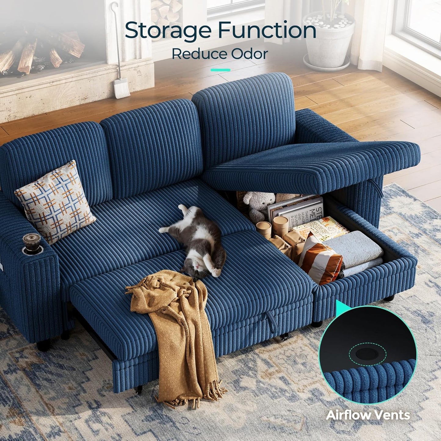 Sectional Sleeper Sofa Pull Out Couches for Living Room (Blue, Sleeper Sofa 1) | Pull Out Sofa Bed, Storage, USB Charging, Cup Holders, Plush Corduroy