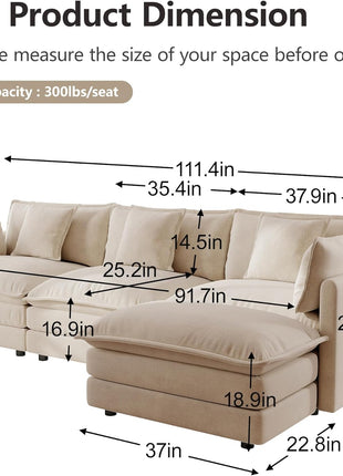 111.5" Modular Sectional Sofa - L-Shaped 3-Seater with Movable Ottoman in Light Coffee Finish