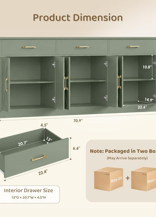 71" Large Farmhouse Sideboard Buffet Cabinet with Storage, Featuring 3 Drawers, Ideal for Kitchen and Dining Room Use, Green Finish