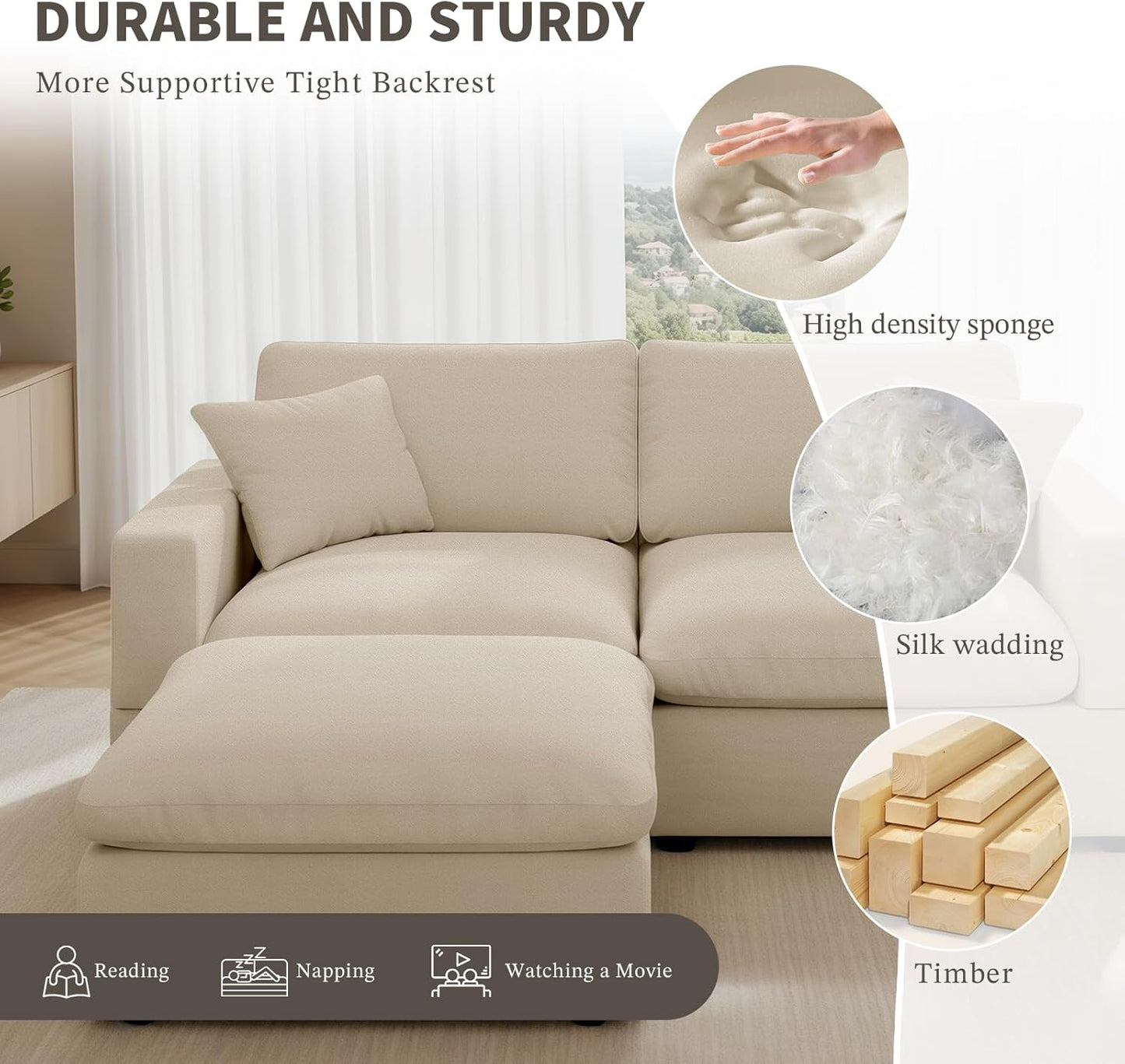 Cloud Couch Modular Sectional Sofa, 95.4" 4-Seater L Shaped Sectional Couches for Living Room, Convertible Cloud Sofa with Ottoman, down Filled Wide & Deep Seat, Removable Washable Cushion Covers