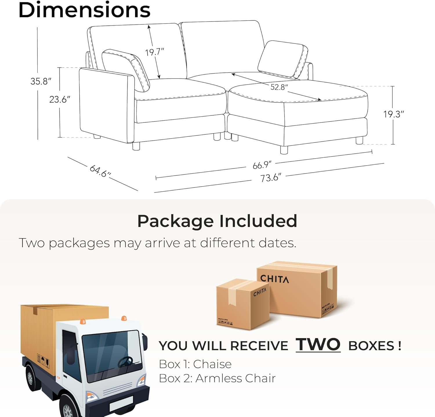 Modular Sectional Loveseat Sofa with Ottoman, Modern Cloud Couch for Living Room and Apartment, 2 Seat Extra Comfty Sofa, Removable Cover, 73.6 Inch Width, Classic Taupe