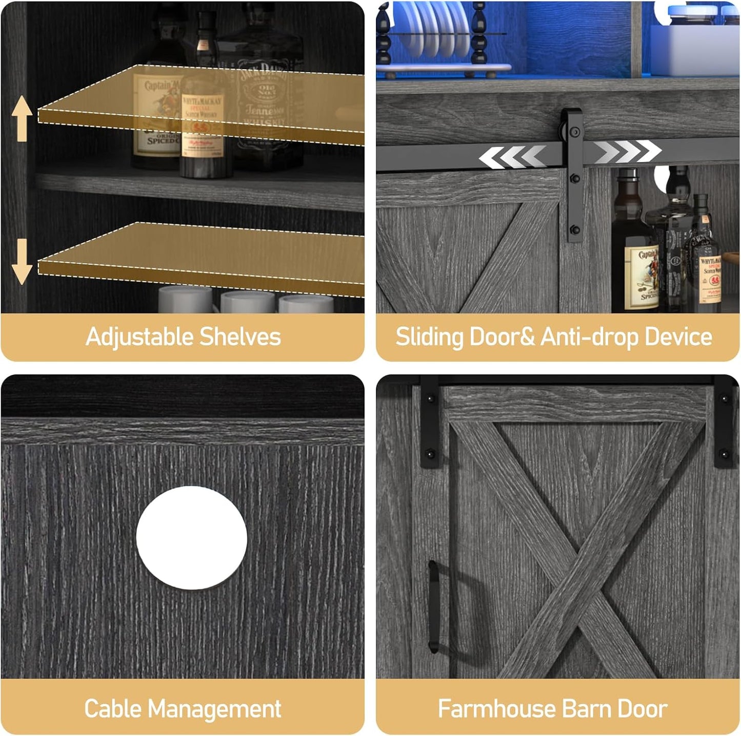 Farmhouse Coffee Bar Cabinet with Power Outlet, Rustic Sideboard Buffet Storage Cabinet with Storage, Wood Serving Table Cupboard for Dining Room, Living Room, Wash Grey