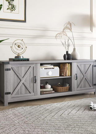 Contemporary Farmhouse TV Stand with Dual Barn Doors and Storage Cabinets for Televisions up to 65 Inches, 58-Inch Entertainment Center Console in Gray Wash Finish