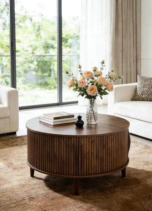 Mid-Century Modern Round Coffee Table with Storage - 31.69" Fluted Center Table for Living Room, Rustic Wood 2-Tier Design with Sliding Cabinet Door, Brown