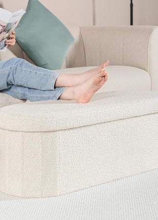 Collapsible Storage Ottoman for Living Room - Sherpa Upholstered Footrest and Bedroom Bench, 43.3 Inches, White
