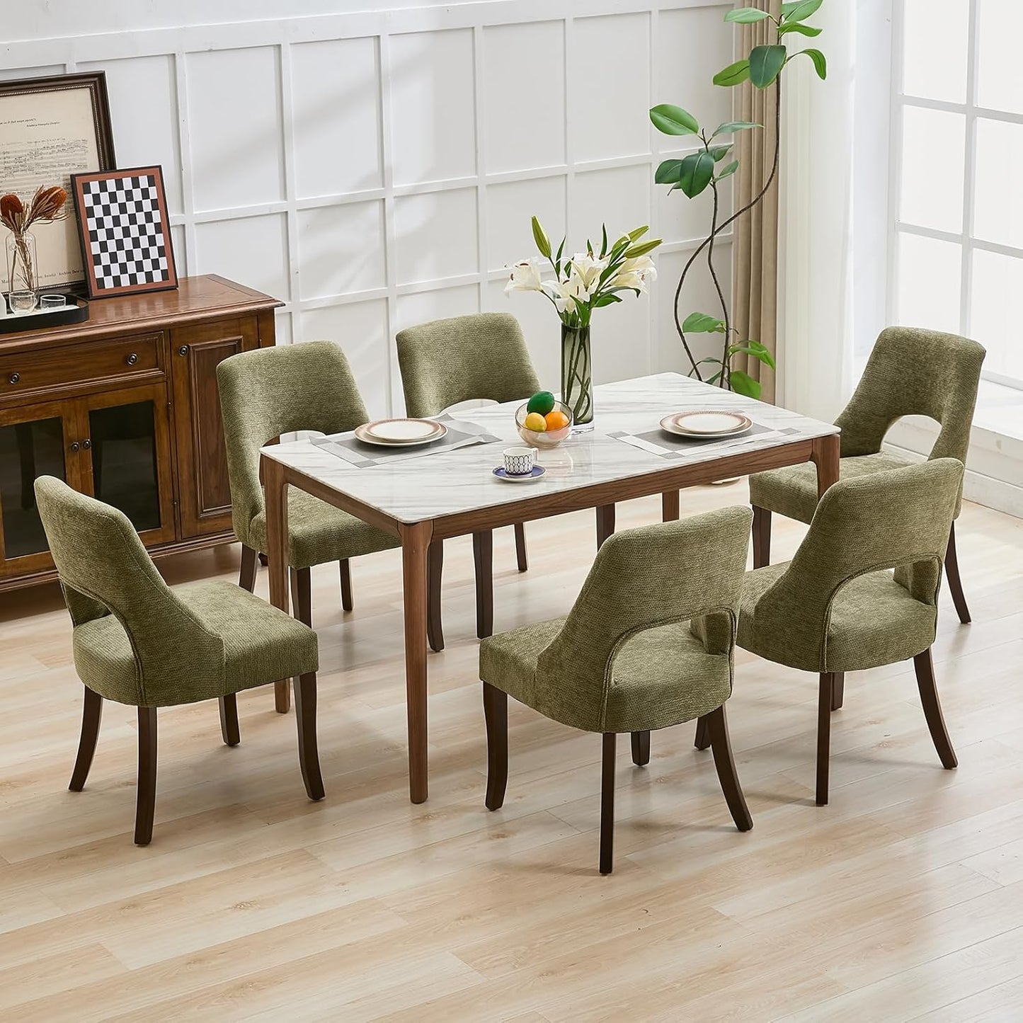 Wooden Dining Chairs Set of 2, Mid Century Modern Chenille Upholstered Dining Room Chair Kitchen Chairs, Farmhouse Dinner Chair with Solid Wood Legs for Kitchen Dining Room, Green