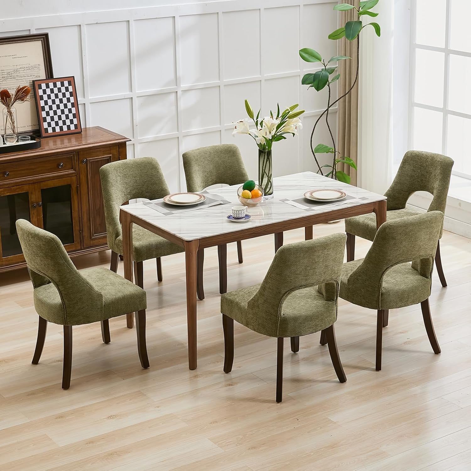 Wooden Dining Chairs Set of 2, Mid Century Modern Chenille Upholstered Dining Room Chair Kitchen Chairs, Farmhouse Dinner Chair with Solid Wood Legs for Kitchen Dining Room, Green