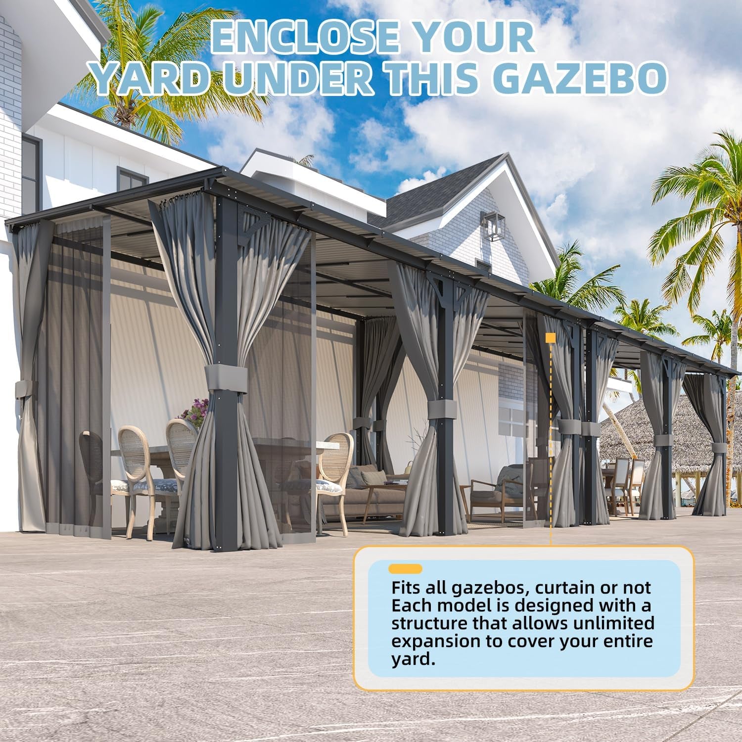 14' X 10' Gazebo for Patio, Hard Top Lean to Gazebo Pergola with Curtains and Mosquito Netting, Large Wall-Mounted Heavy Duty Awnings for Patio, Decks, Backyard and More