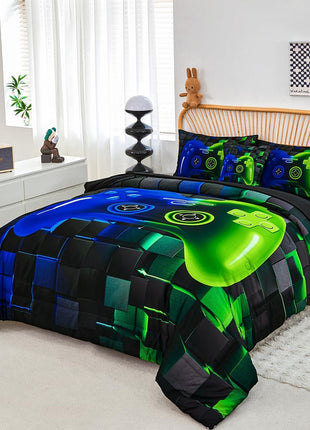 6-Piece Full Size Bed in a Bag Video Game Bedding Set for Boys, Featuring Soft 3D Printed Comforter and Sheets in Blue and Green, Ideal for Kids and Teens