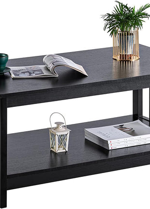 Mission Style Black Wood Coffee Table with Shelf, 40-Inch Living Room Accent Table