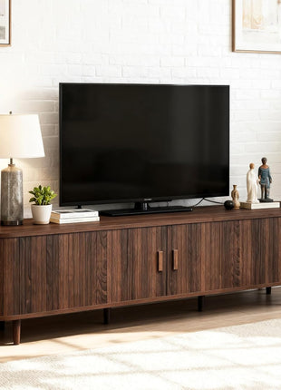 70-Inch Mid-Century Modern Television Stand with Sliding Doors, Power Outlet, Adjustable Shelves, Fluted Design, and Walnut Finish
