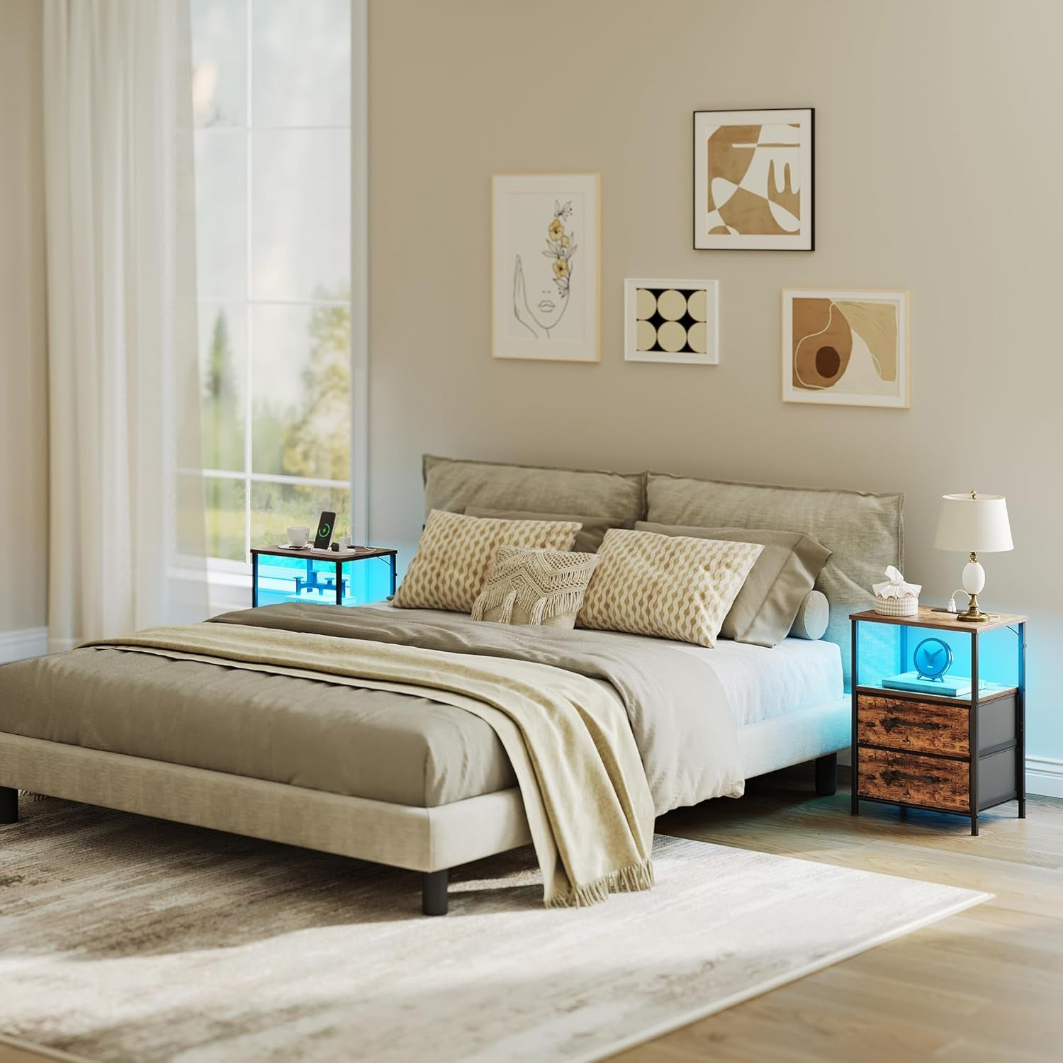 Nightstands Set of 2, Night Stand with Charging Station and Led Lights, Bedside Table with 2 Fabric Drawers for Bedroom, Small Side End Table with Open Shelf, Rustic Brown