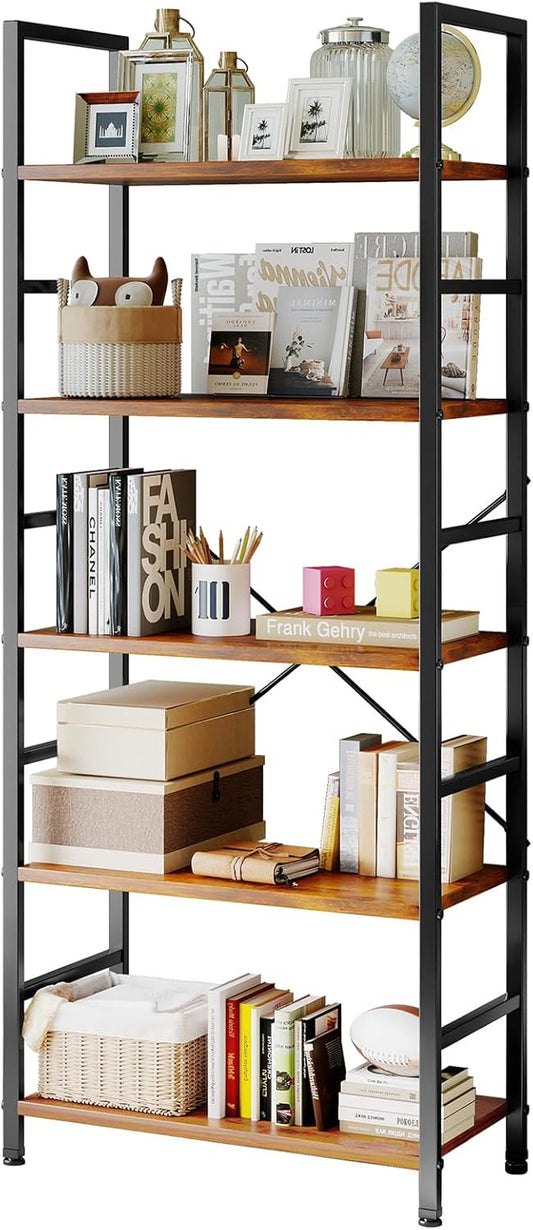 Book Shelf, 5 Tier Bookcase, Modern Tall Bookshelf Corner Storage Organizer for Garage Kit, Cds, Movies Suitable Home Office Bedroom, Kitchen, Living Room - Brown