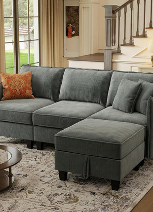 L-Shaped Modular Sectional Sofa with Storage Ottoman and Washable Cushion Covers for Living Room, Apartment, or Bedroom in Grey