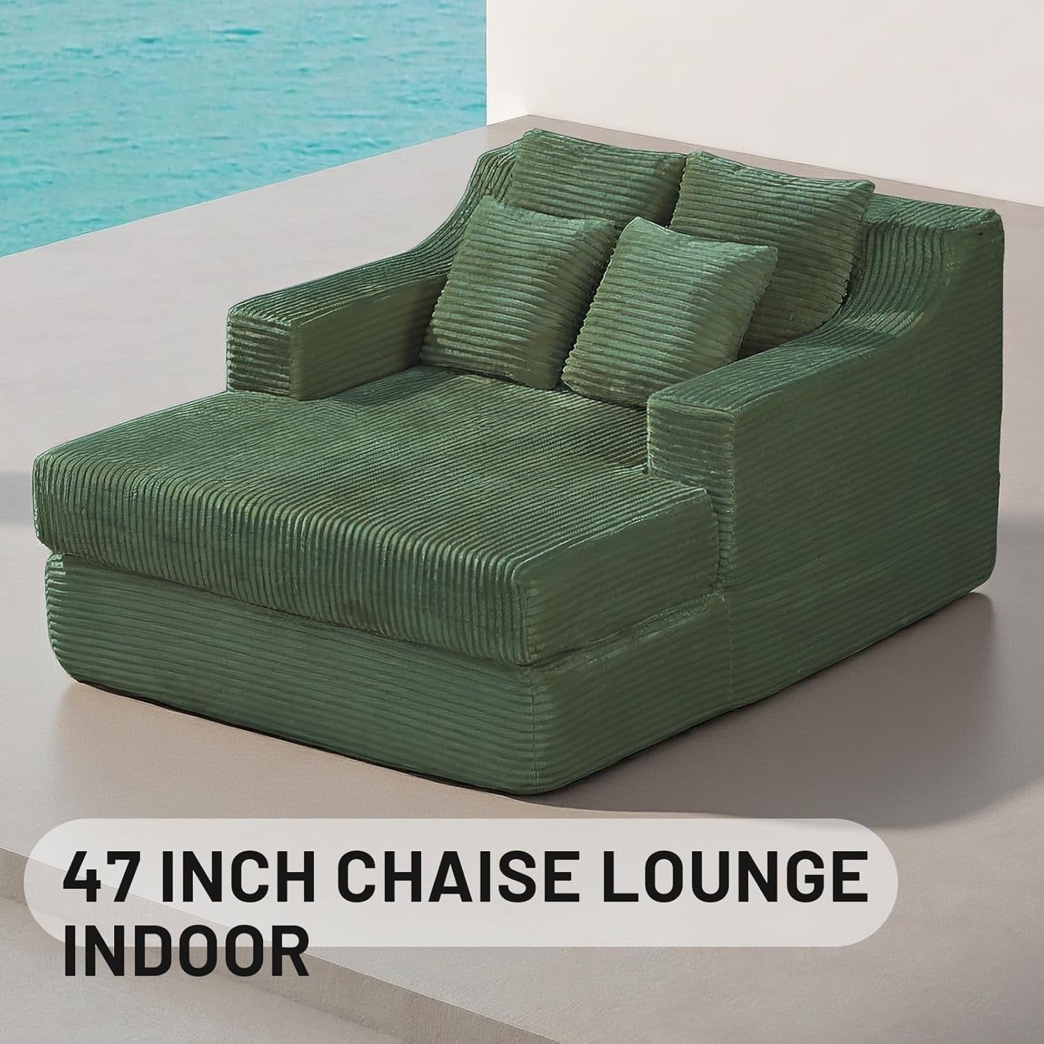47" Boneless Chaise Lounge Chair Indoor,No Assembly Single Sleeper Upholstered Boneless Couch with 4 Pillows,Comfy Pet Friendly High Weight Capacity Foam for Bedroom,Living Room,Study Room,Green