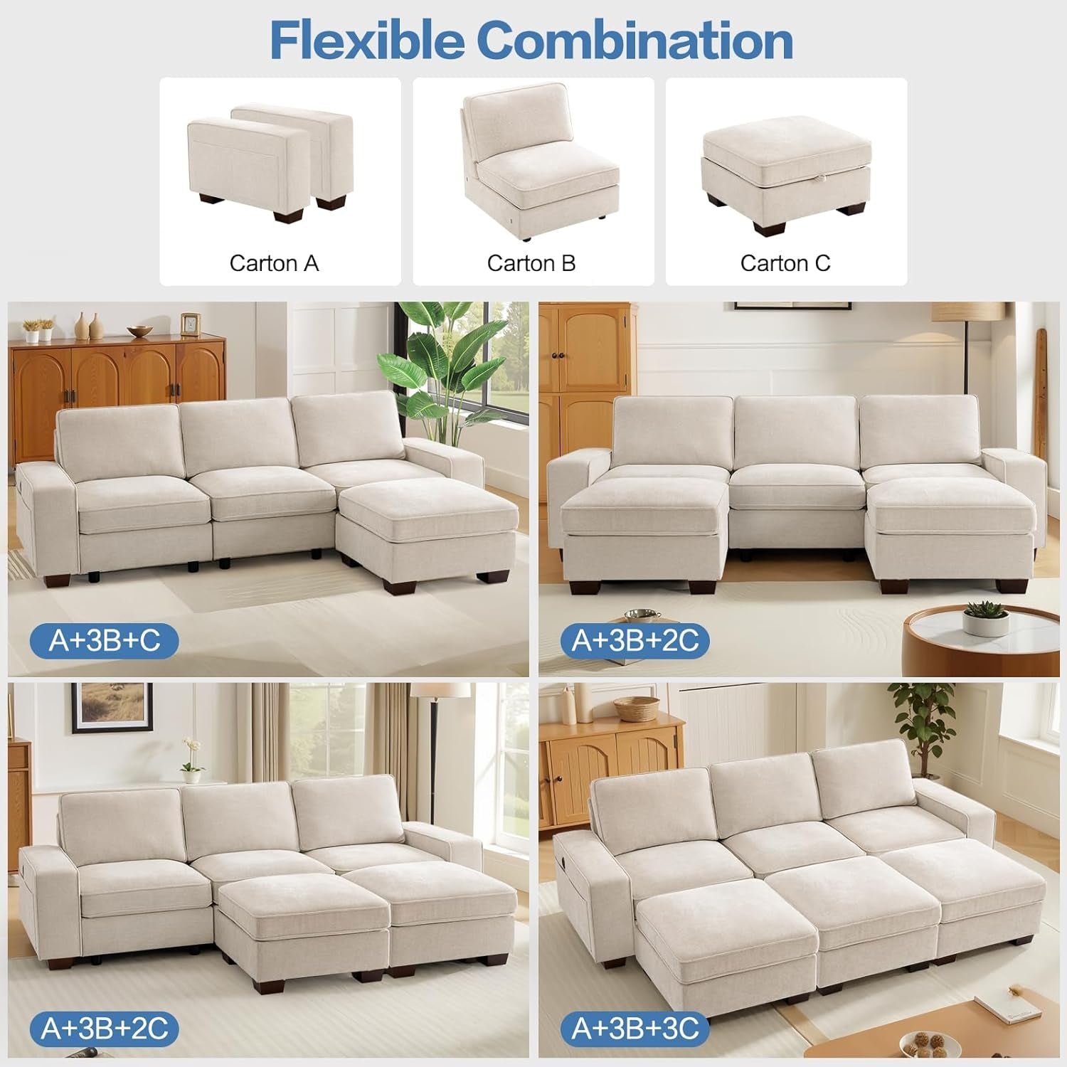 100" Modular Sectional Sofa with Seats Storage, L Shaped Couch with Movable Ottoman for Living Room, Couch with Chaise, Solid Wood Frame, Spring Cushions, USB Port, Removable Covers, Beige | Seats Storage, Movable Ottoman, Flexible Modularsofa