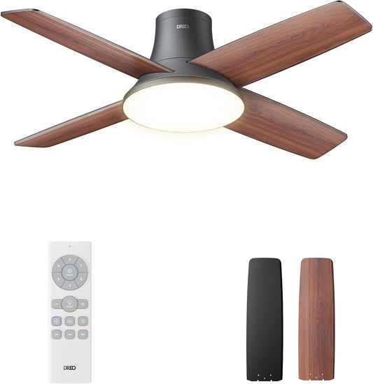 Ceiling Fans with Lights and Remote, 44 Inch Low Profile, Black Flush Mount Bedroom Ceiling Fan, Reversible Motor, 5CCT LED, 6-Level Dimmable, 6-Speed, Quiet, Timer, Easy-Install