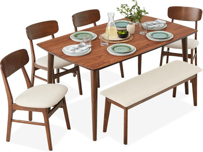 6-Piece Wooden Dining Set, Mid-Century Modern Table & Upholstered Chair Set W/Bench Seat, Rubberwood Legs - Walnut/Cream