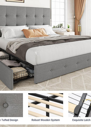 Queen Size Upholstered Platform Bed Frame with 4 Storage Drawers and Headboard, Square Stitched Button Tufted Design, Mattress Foundation with Wooden Slats Support, No Box Spring Required, Light Grey