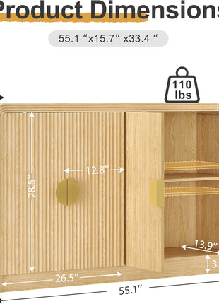 55" Mid-Century Modern Sideboard Buffet Cabinet with Wavy Grain Doors and Adjustable Shelves in Natural Oak for Kitchen, Living Room, Entryway, and Coffee Bar Use