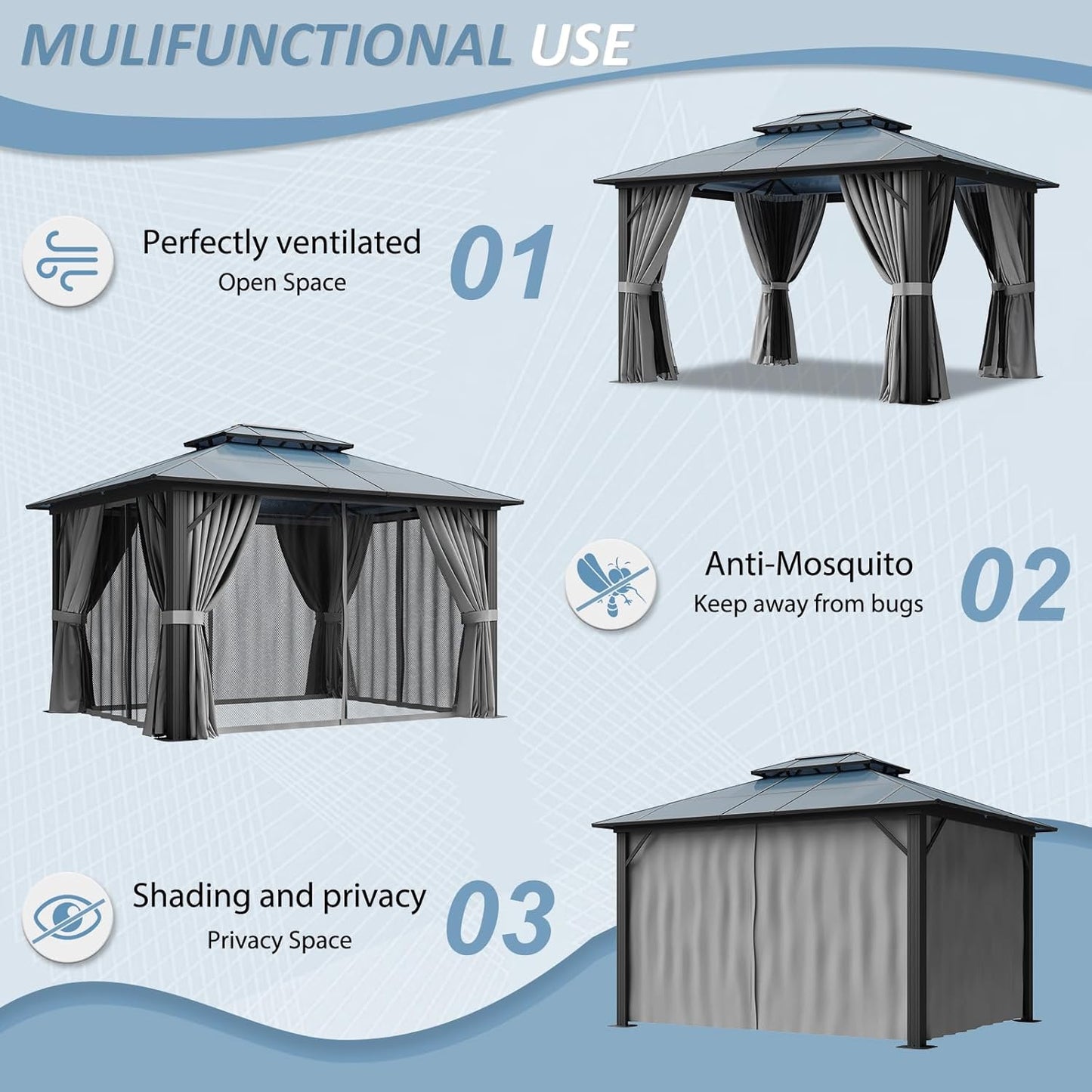 10'X12' Hardtop Gazebo, Aluminum Framed Outdoor Gazebo with Double Polycarbonate Roof, Durable Pavilion with Curtains & Netting for Patio, Garden, and Lawn