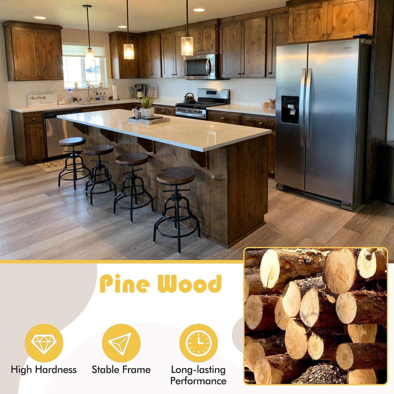 Vintage Industrial Bar Stool-Rustic Swivel Barstools-Round Wood Metal Base-Kitchen Counter Height Adjustable Pipe Stool-Cast Steel Chairs 20-27 Inch (Set of 2)