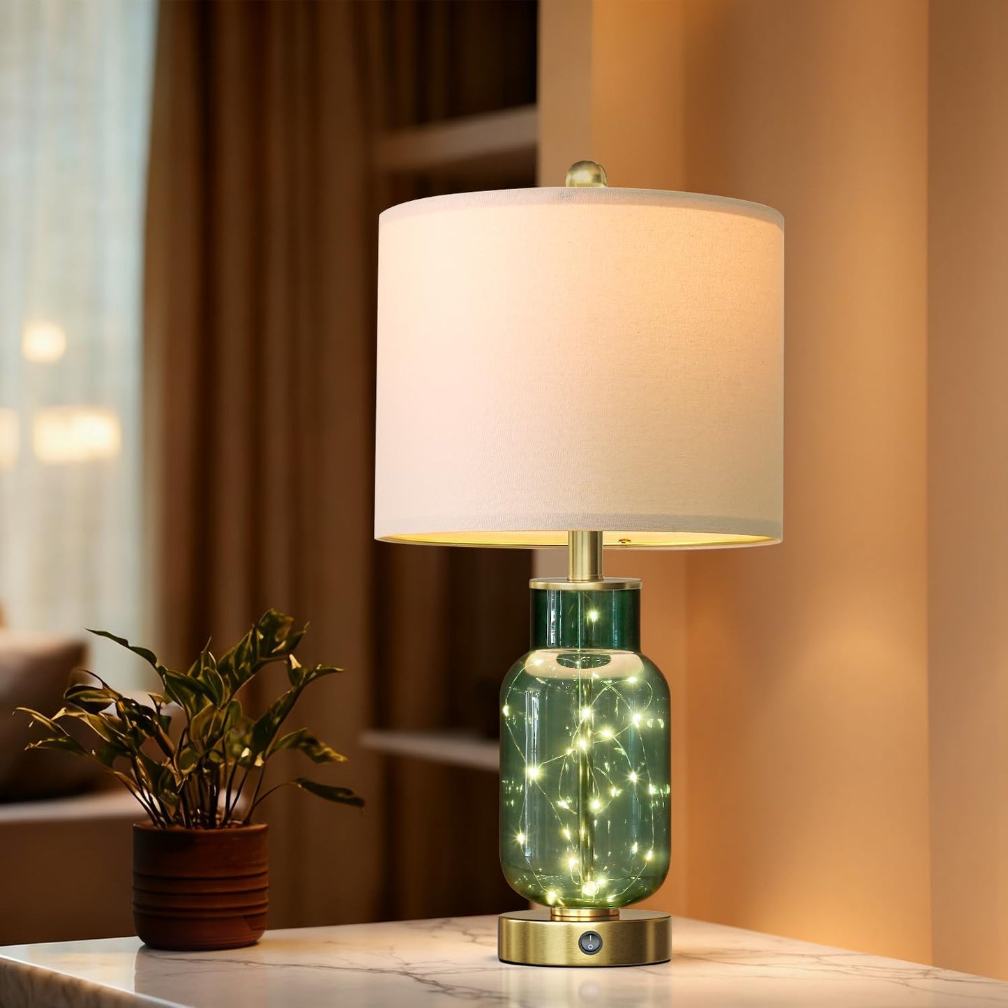 22" Glass Table Lamps Set of 2, Green Modern Bedside Lamp with LED Night Light for Living Room, Nightstand Lamp with USB Ports for Bedrooms, Study Room, End Table(2 Bulbs Included)