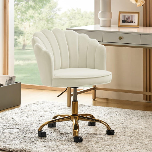 Velvet Home Office Desk Chair with Gold Base, Adjustable Swivel Task Chair for Vanity, Women'S Modern Cute Shell Back Upholstered Design, for Living Room, Ivory