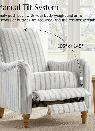 Farmhouse Recliner Armchair with Solid Wood Spindle Legs, Adjustable Backrest and Footrest, Comfortable High Back Single Sofa for Living Room, Blue Striped Design