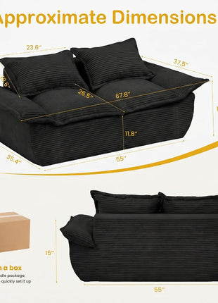 59-Inch Boneless Loveseat Sofa - Black 2-Seater with Removable Cushions and 2 Pillows, Compact Foam Couch for Living Room, Apartments, and Office