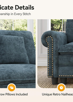 73.2" Oversized Modular Cloud Loveseat with Deep Seats, Mid-Century Modern Design, Nailhead Trim, and Included Throw Pillows in Chenille Cyan for Living Room