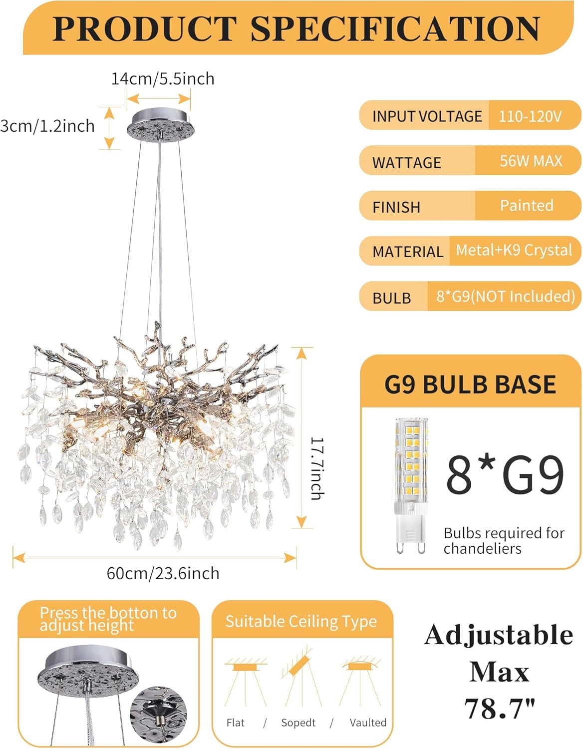 Modern Tree Branch Crystal Chandelier Luxury Silver Crystal Pendant Lighting 23.6" Contemporary 8-Light Chandeliers for Dining Room Kitchen Bedroom Living Room