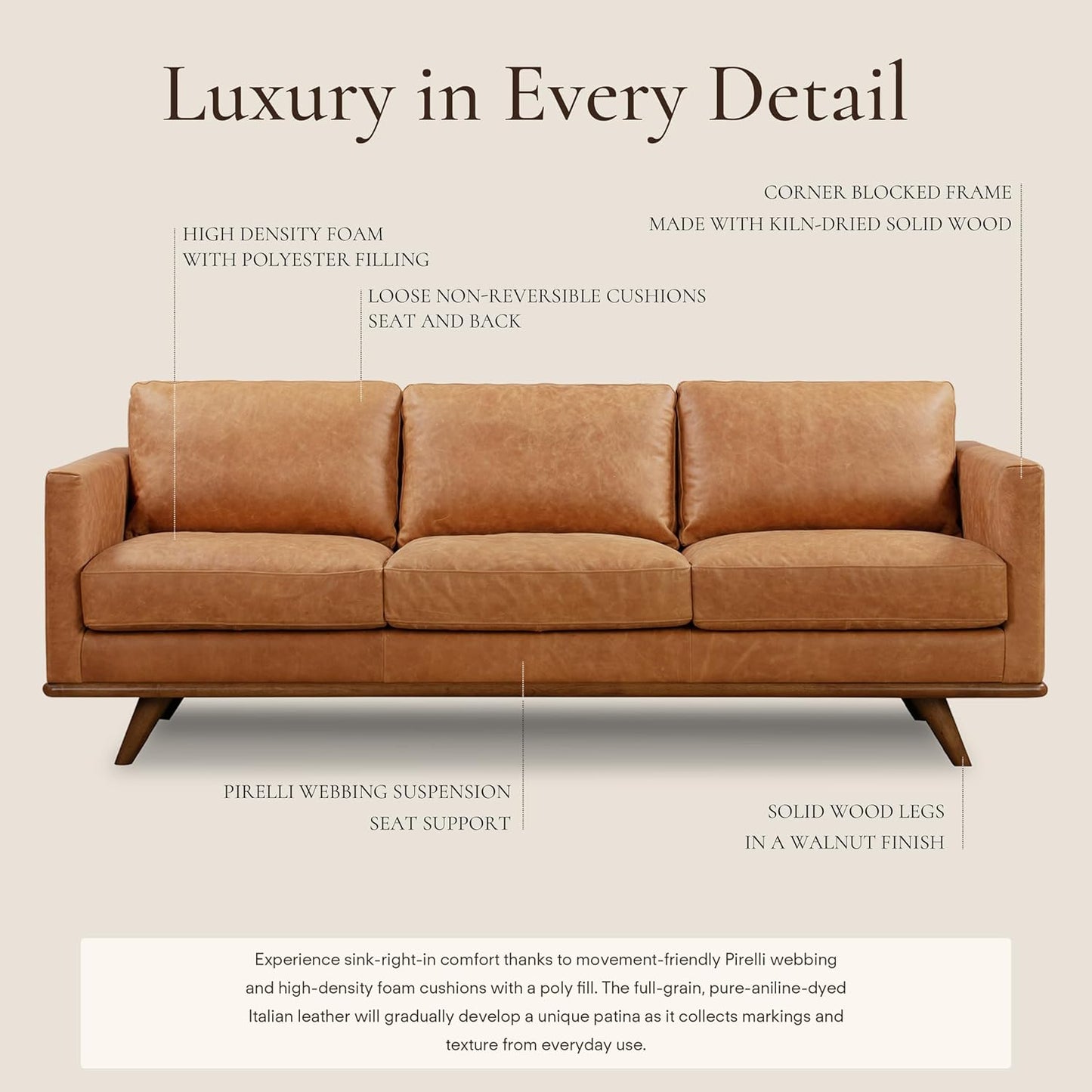 Nolita 85” Leather Sofa – Full-Grain Italian Aniline Leather, Feather-Down Comfort, Solid Wood Base – Cognac Tan