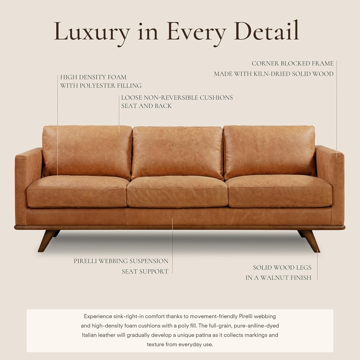 Nolita 85” Leather Sofa – Full-Grain Italian Aniline Leather, Feather-Down Comfort, Solid Wood Base – Cognac Tan
