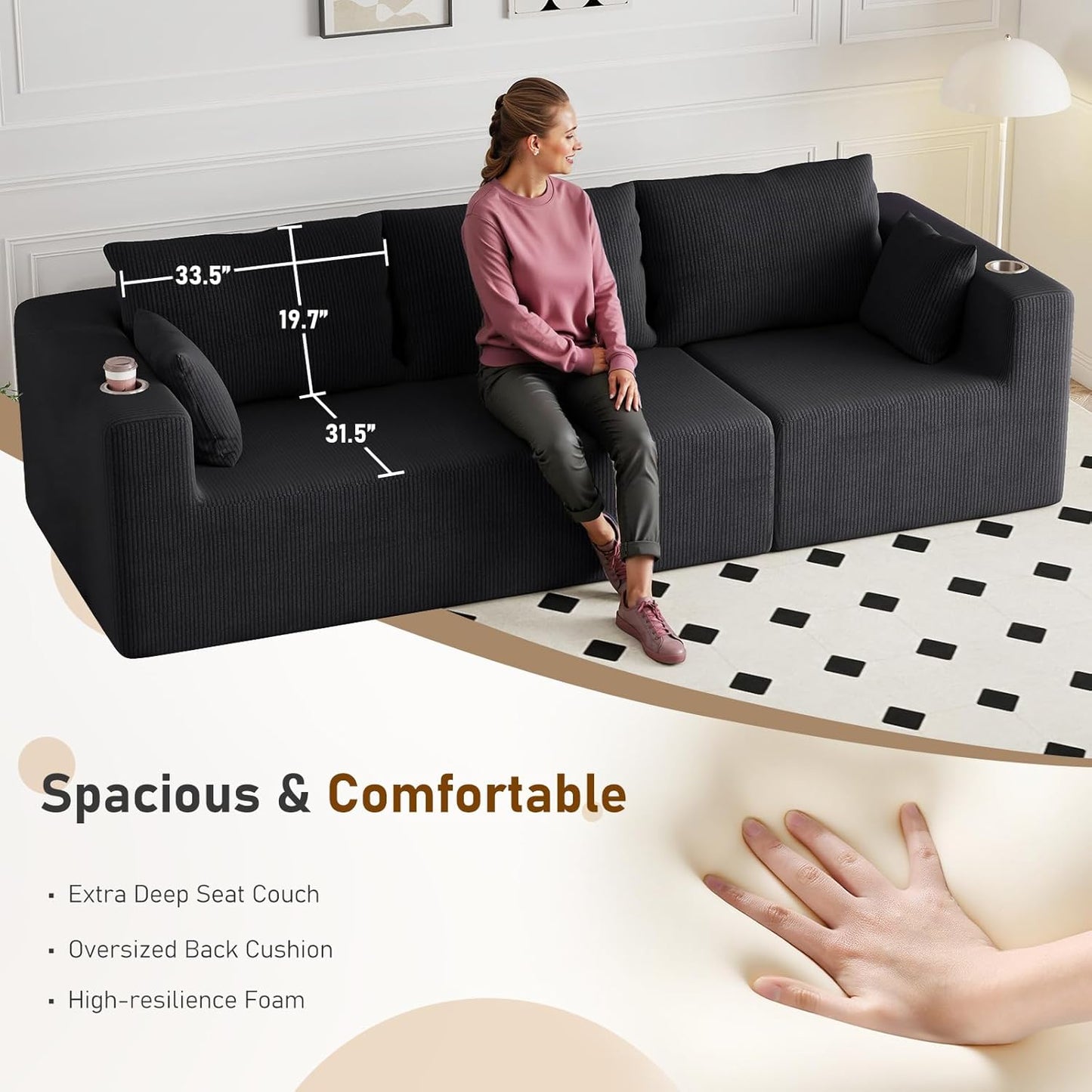 112" U Shaped Modular Sectional Sofa with 2 Ottomans, Boneless Cloud Couch with Chaise for Living Room, Modern Deep Seat Lounge Sleeper Couch Bed, No Assembly, Corduroy Black