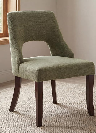 Set of 2 Mid-Century Modern Chenille Upholstered Dining Chairs with Solid Wood Legs in Green for Kitchen and Dining Room